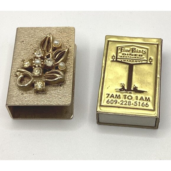 1960s Flower Match Box Cover Gold Tone With Advertising Matchbox - Picture 3 of 10